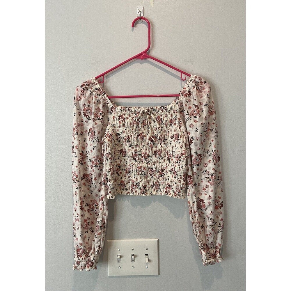 American Eagle Floral Crop Top Sz XS Long Sleeve Pink/White
